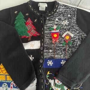 Vintage White Stag Women’s  Christmas Holiday Snowman Black Cardigan Size Large